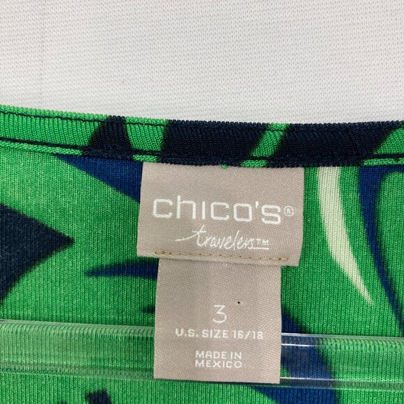 Chico's Travelers size 16/18 Green Blue Abstract Slinky Knit 3/4 Sleeve Top - Picture 2 of 10